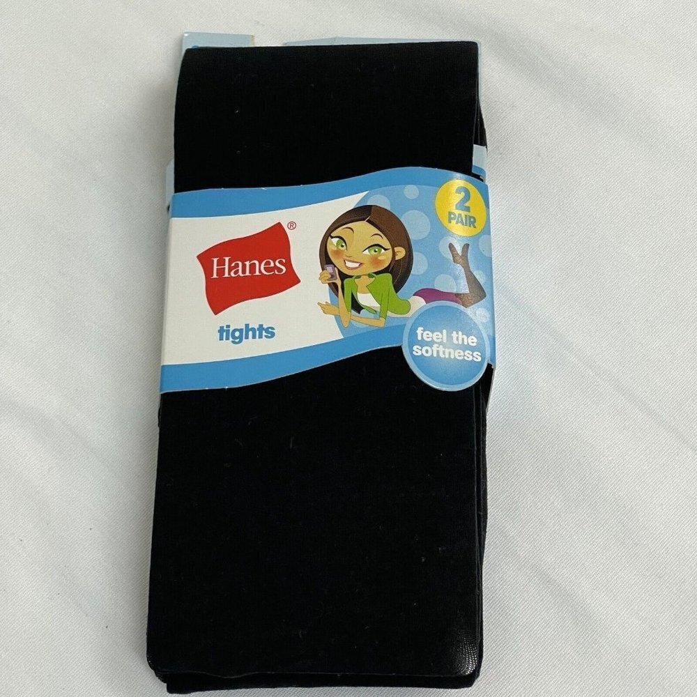 Set of 2 Hanes Big Girls 2 Pack Solid Black Tights Size Medium 48-55” 55-72 Lbs